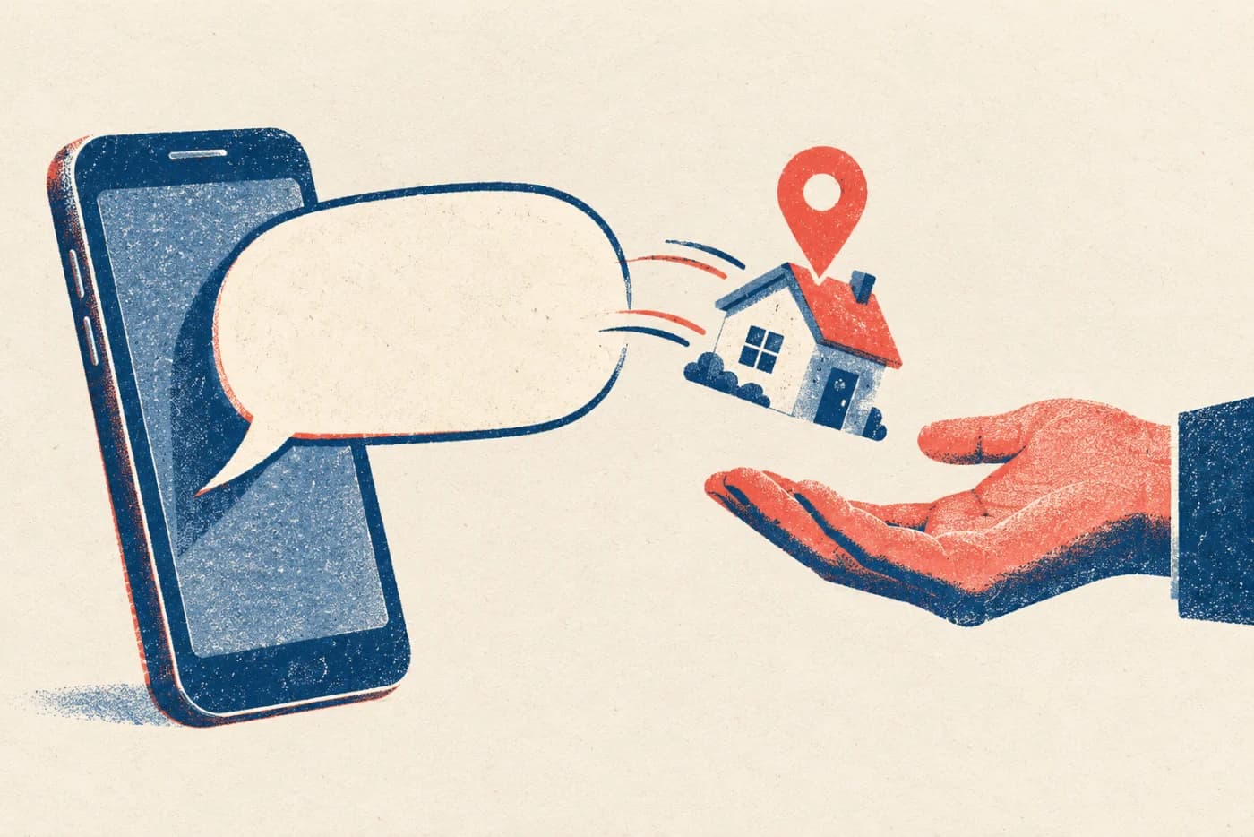 Illustration of a chat bubble from a phone sending a house with a map pin to a stranger's hand