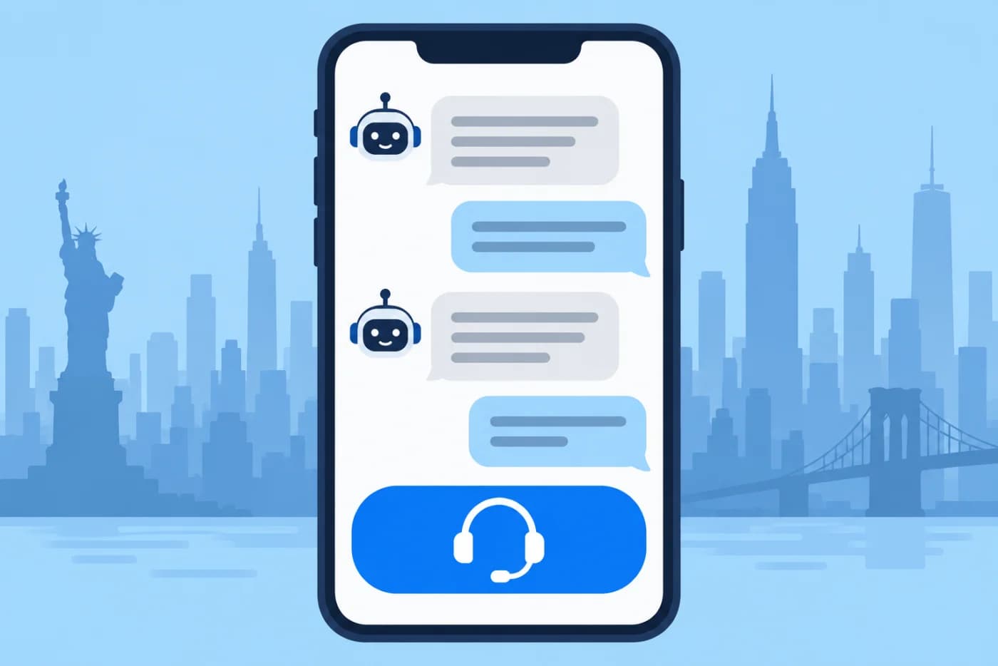 Flat illustration of a phone showing a support chat with a bot and a button with a headset icon to reach a person