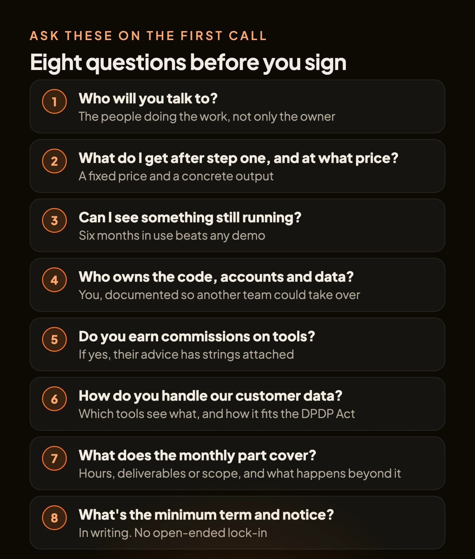 Eight questions to ask an AI partner before signing: who you will talk to, the first step's output and price, a system still running, ownership of code and data, tool commissions, customer data and the DPDP Act, what the monthly part covers, and the minimum term and notice